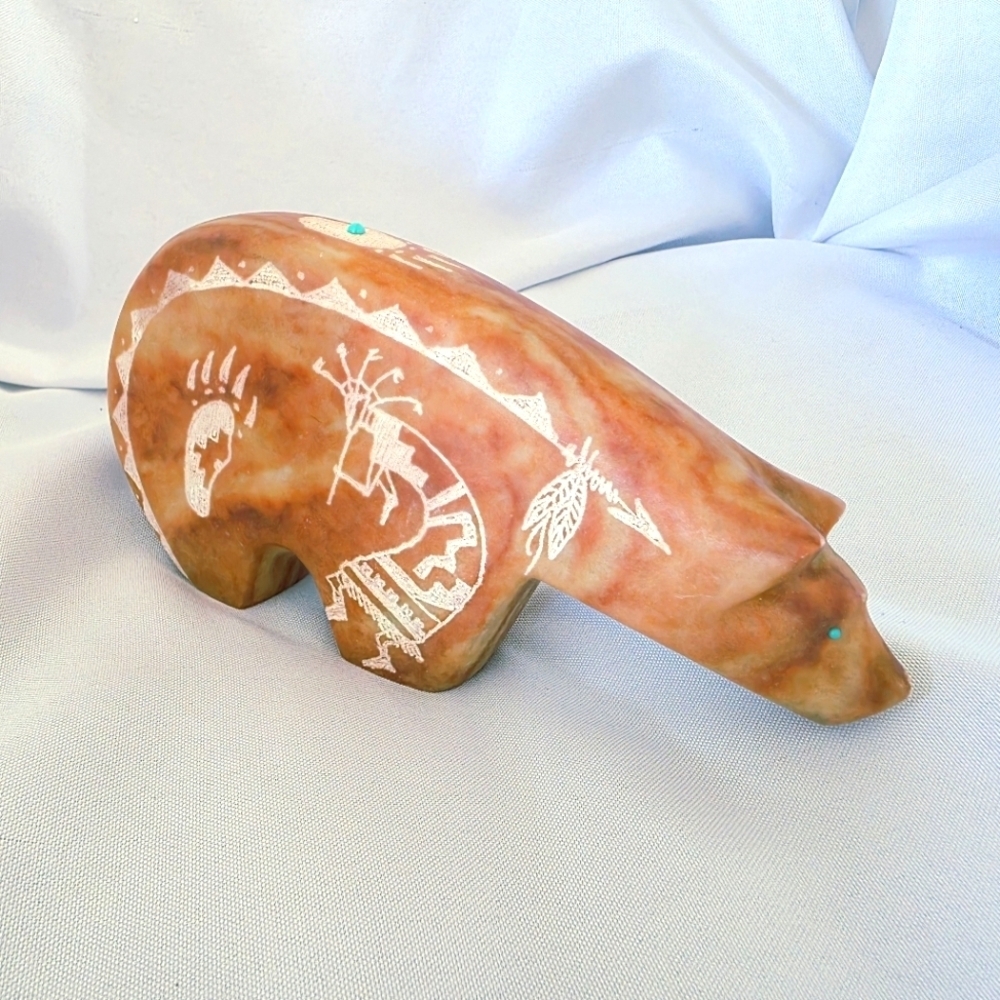 Arthur Yazzie Pink Alabaster Bear Native Fetish Sculpture Carved Signed 9 Inch